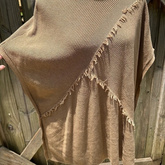 J. Jill Camel Yak Hair Blend Knit Fringe Trim Pullover Poncho Sweater - Picture 4 of 9